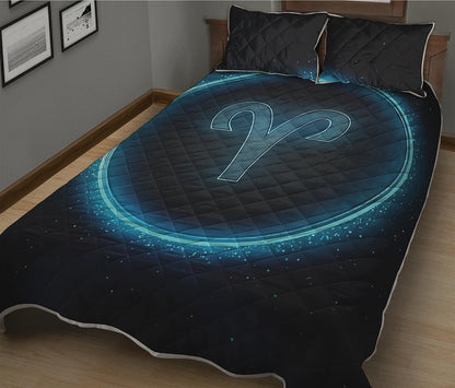 Blue Aries Zodiac Sign Print Quilt Bed Set