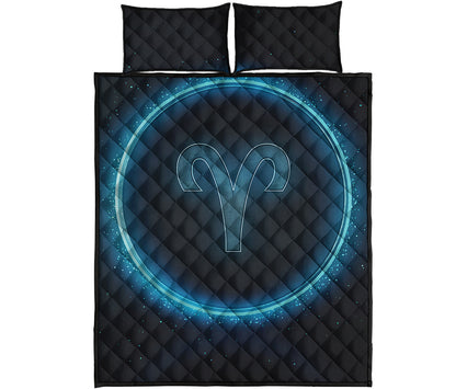 Blue Aries Zodiac Sign Print Quilt Bed Set