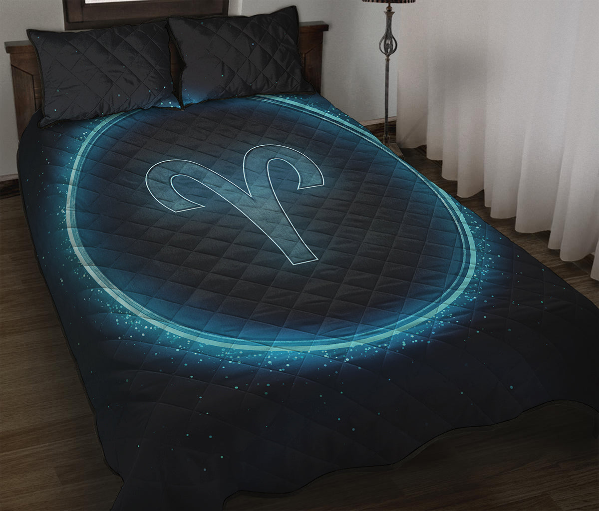 Blue Aries Zodiac Sign Print Quilt Bed Set