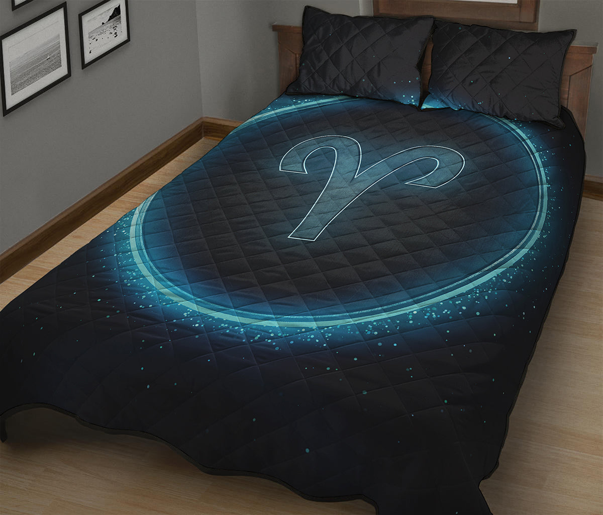 Blue Aries Zodiac Sign Print Quilt Bed Set