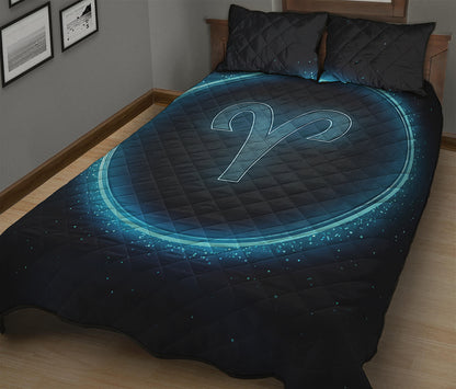 Blue Aries Zodiac Sign Print Quilt Bed Set