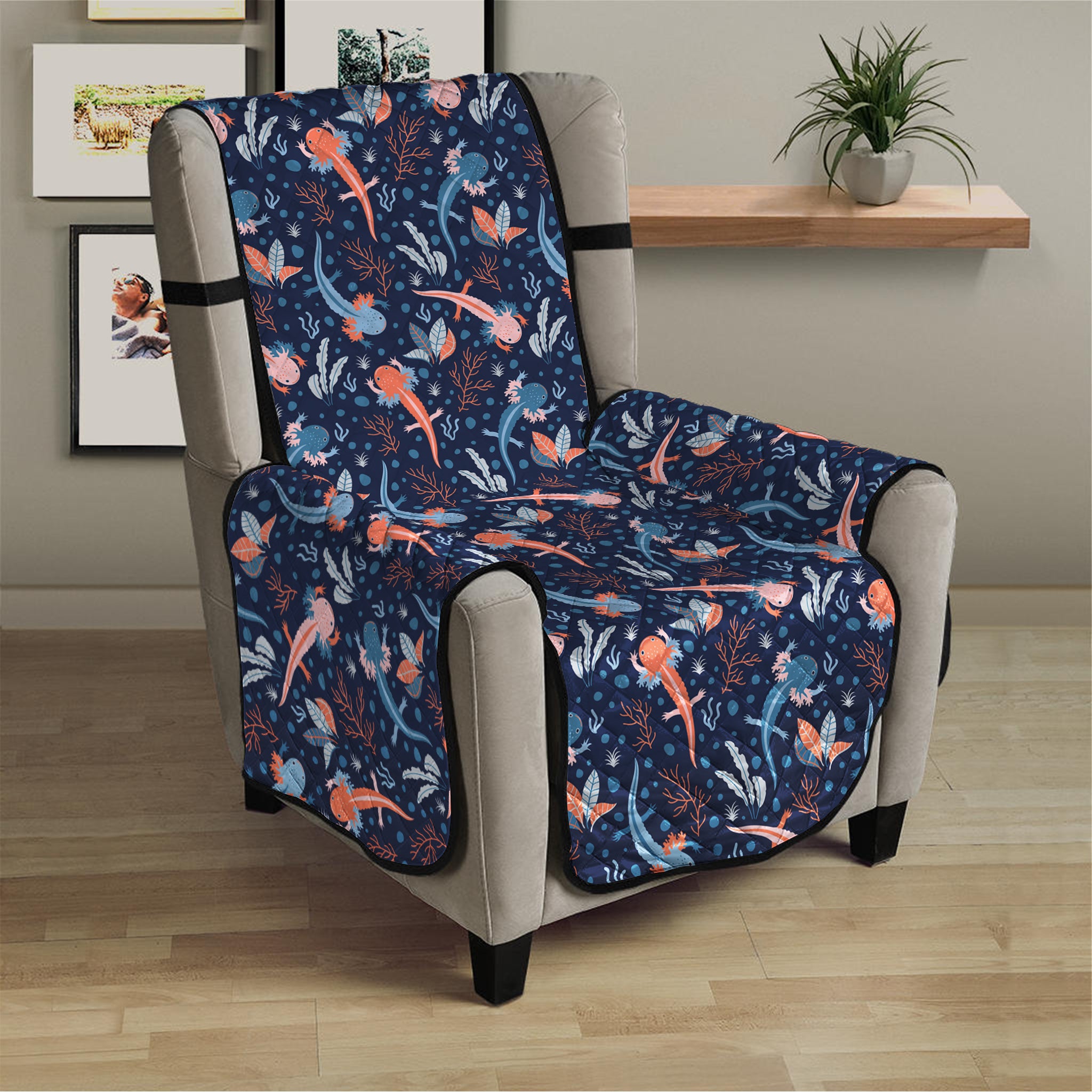 Blue Axolotl Pattern Print Armchair Protector