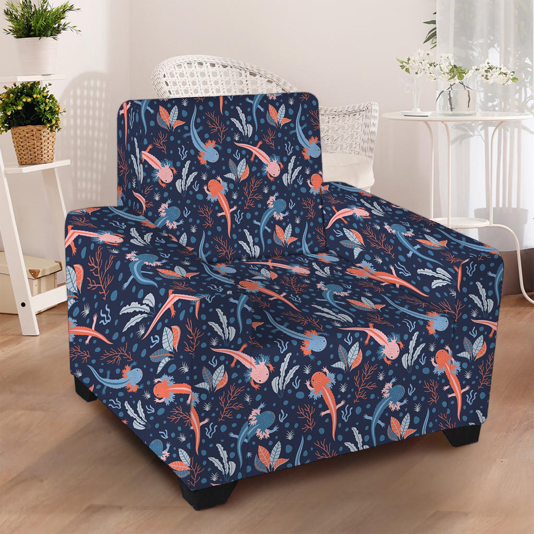 Blue Axolotl Pattern Print Armchair Slipcover