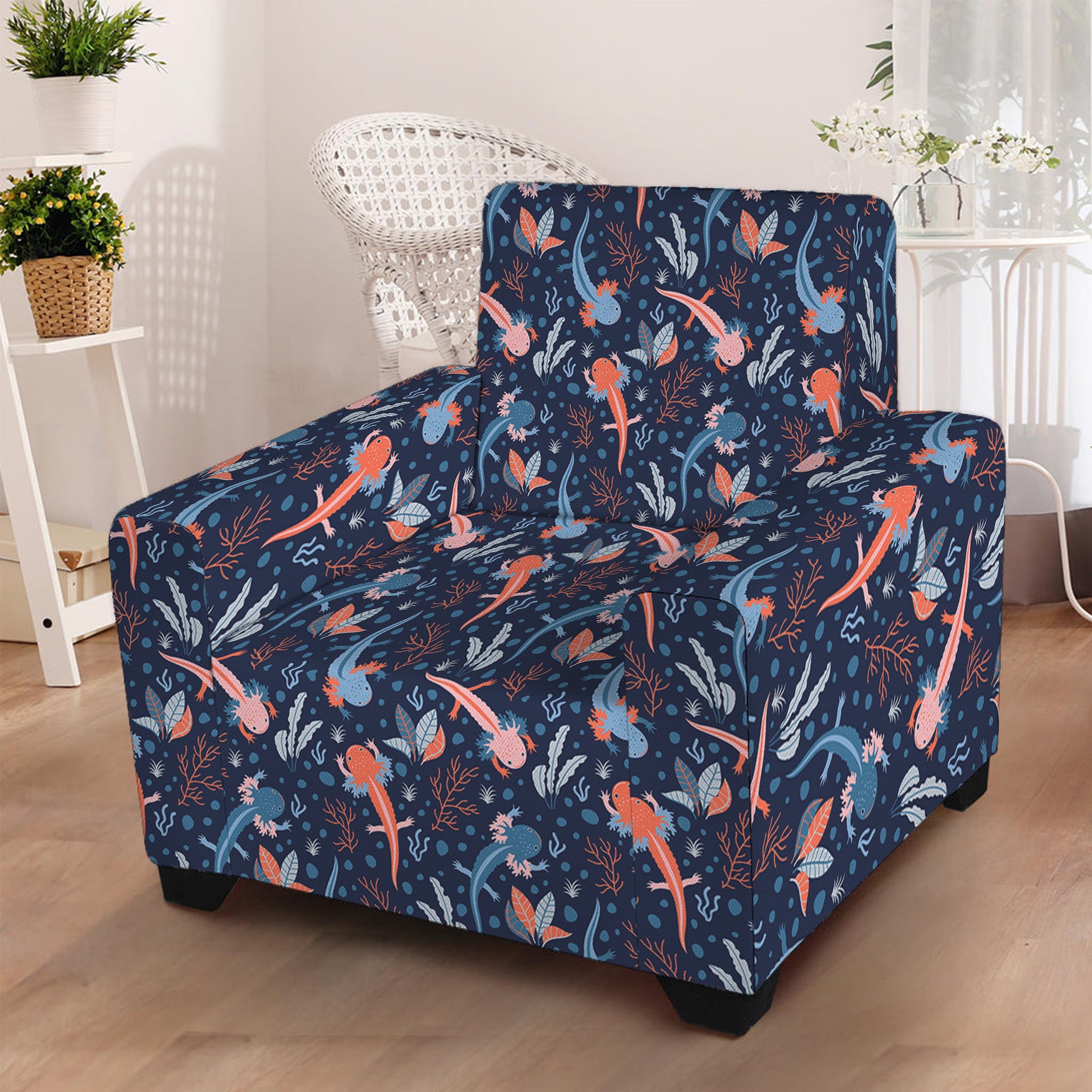 Blue Axolotl Pattern Print Armchair Slipcover