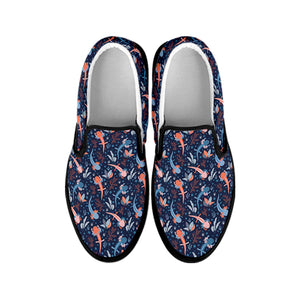 Blue Axolotl Pattern Print Black Slip On Shoes