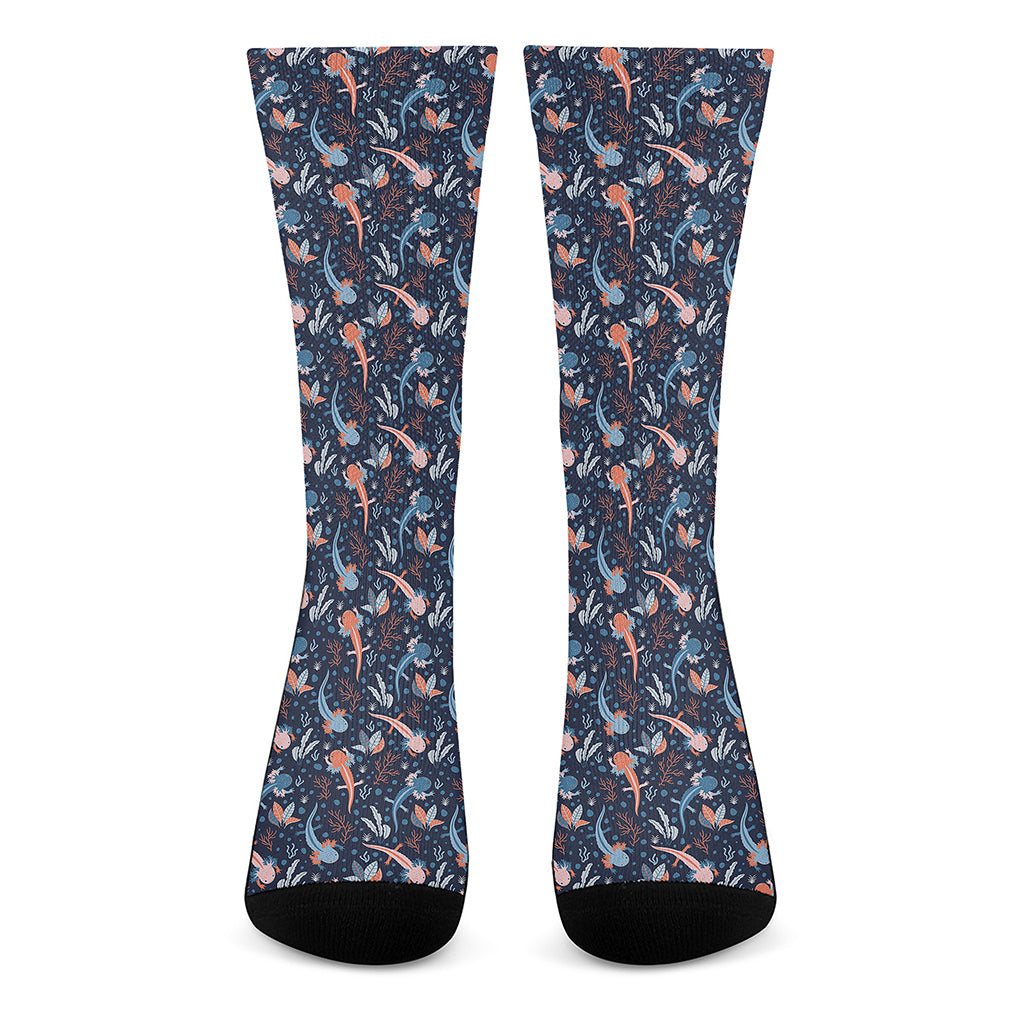 Blue Axolotl Pattern Print Crew Socks