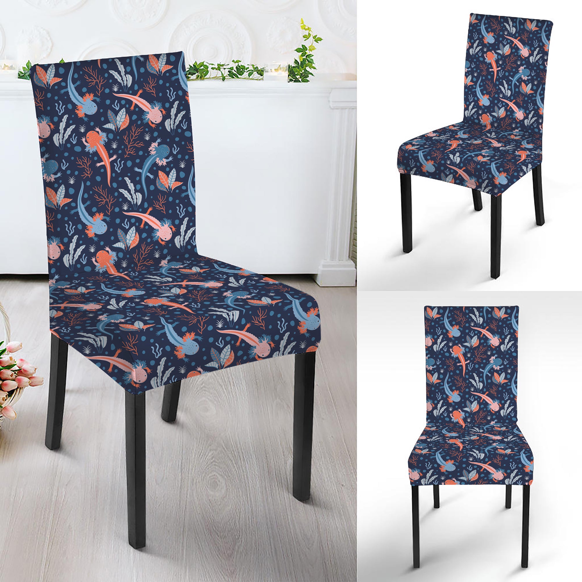 Blue Axolotl Pattern Print Dining Chair Slipcover