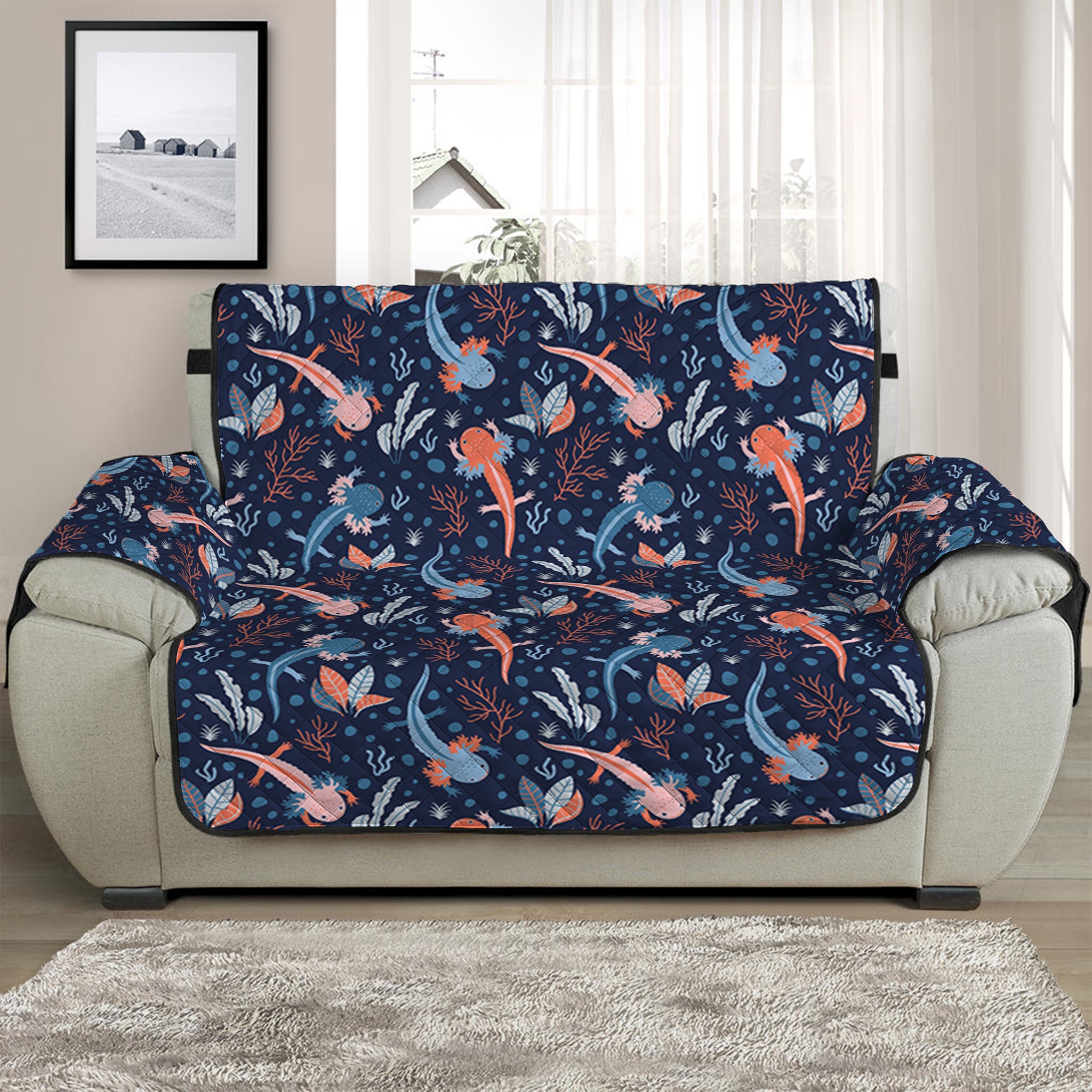 Blue Axolotl Pattern Print Half Sofa Protector