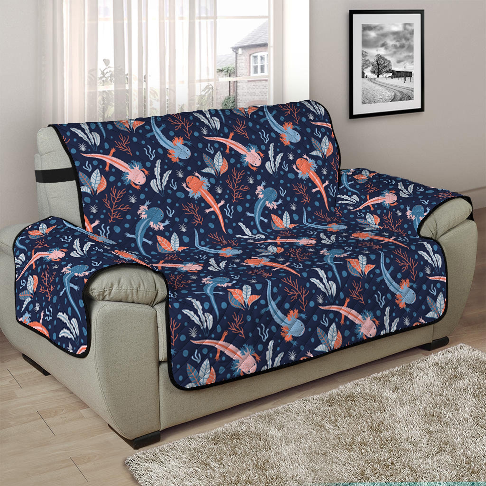 Blue Axolotl Pattern Print Half Sofa Protector