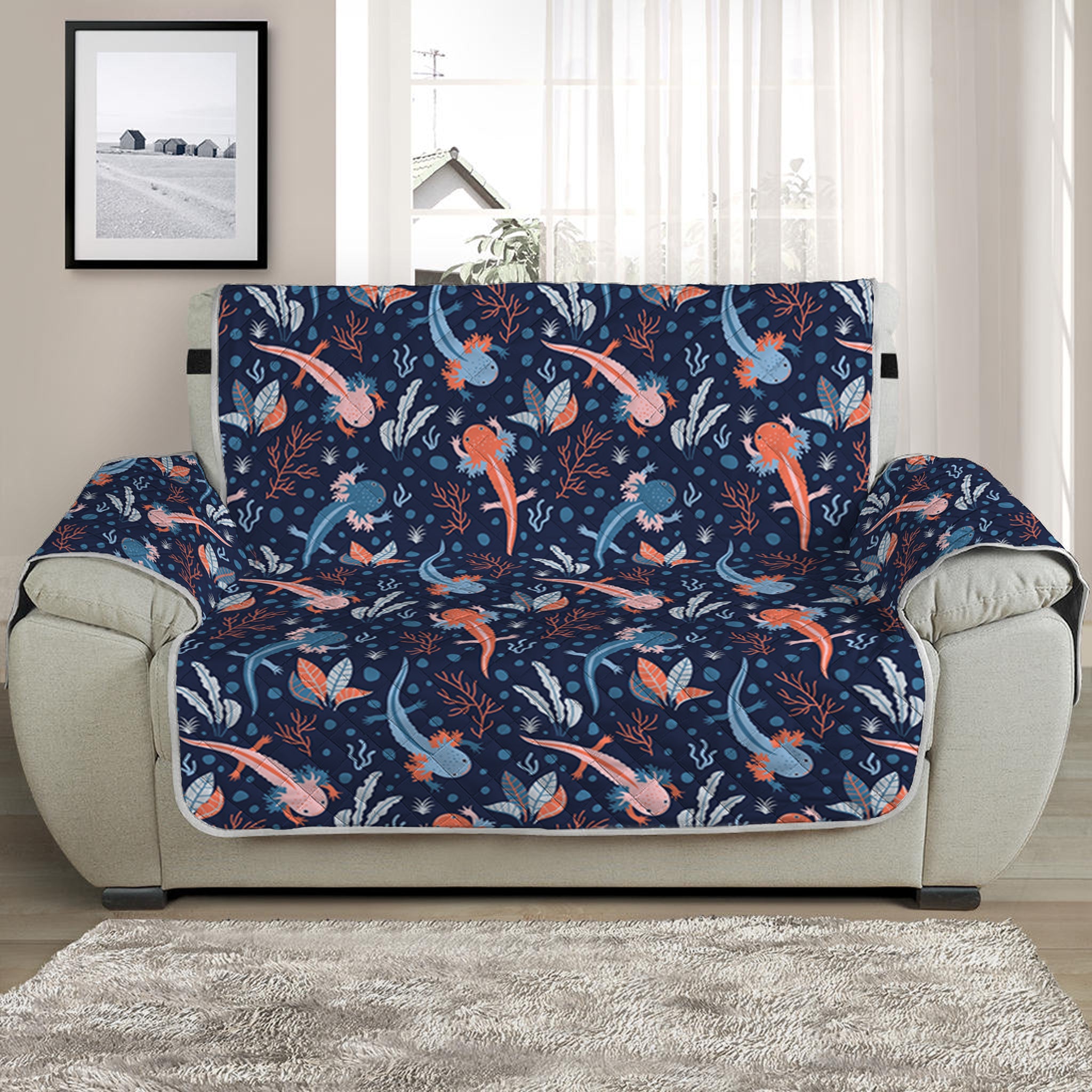 Blue Axolotl Pattern Print Half Sofa Protector