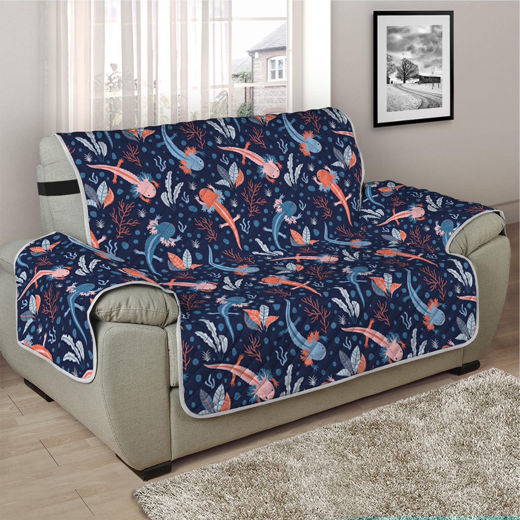 Blue Axolotl Pattern Print Half Sofa Protector