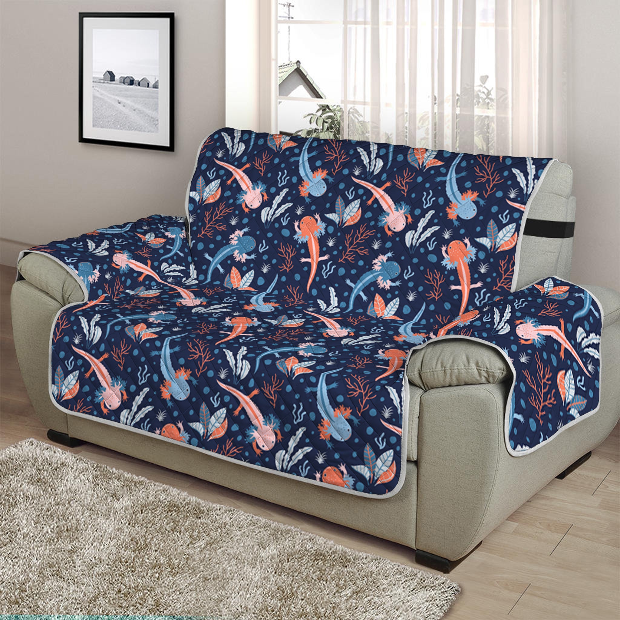 Blue Axolotl Pattern Print Half Sofa Protector