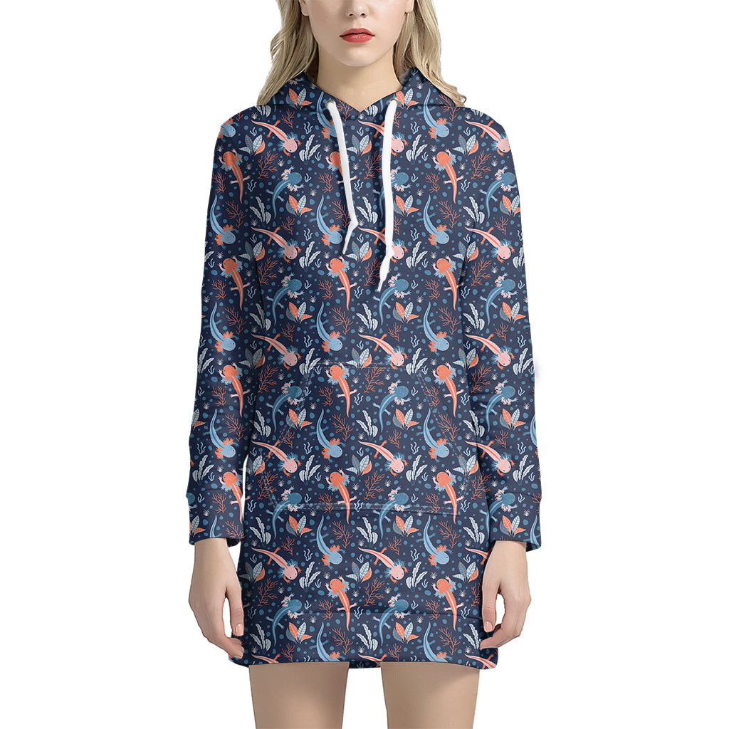 Blue Axolotl Pattern Print Hoodie Dress