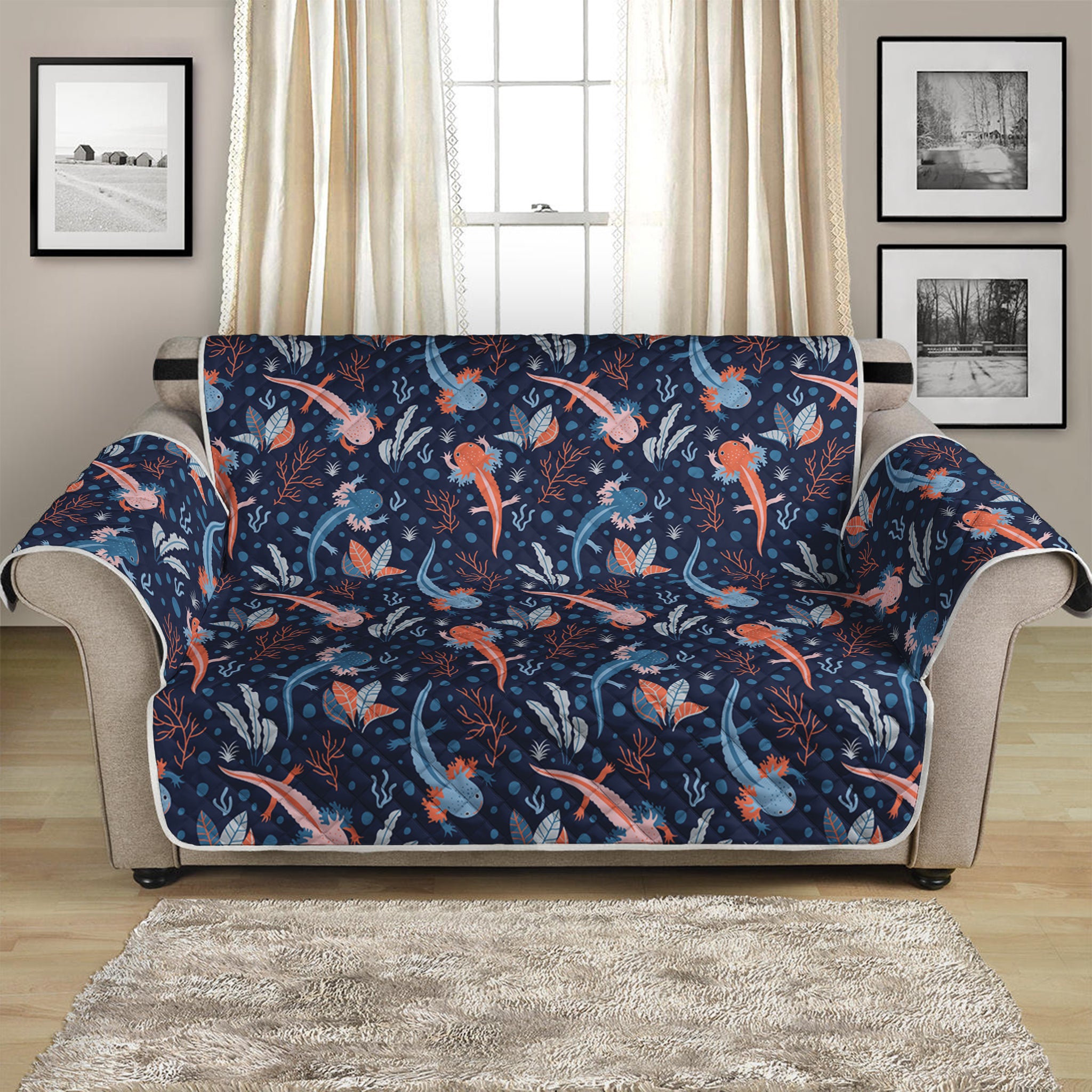 Blue Axolotl Pattern Print Loveseat Protector