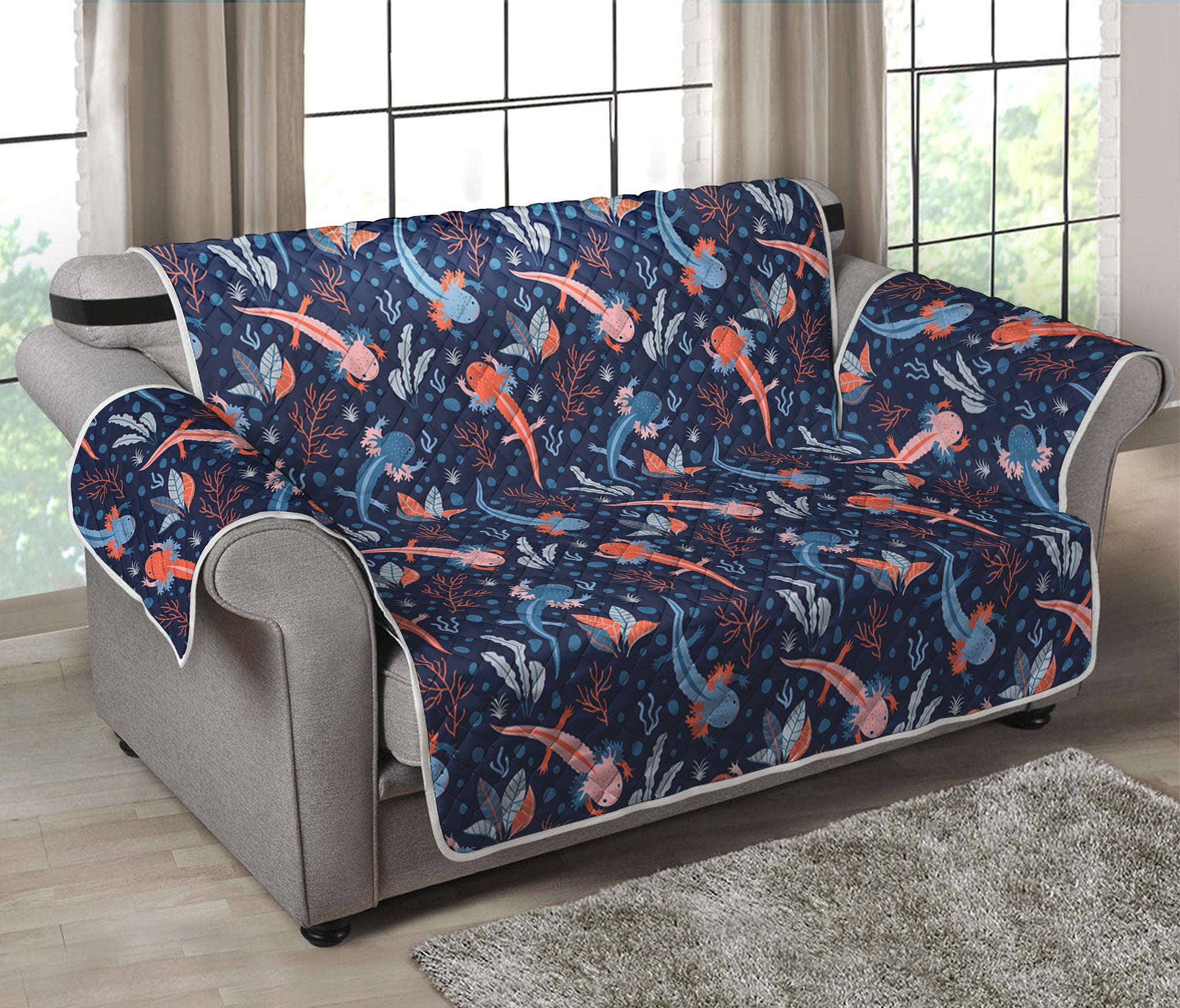 Blue Axolotl Pattern Print Loveseat Protector