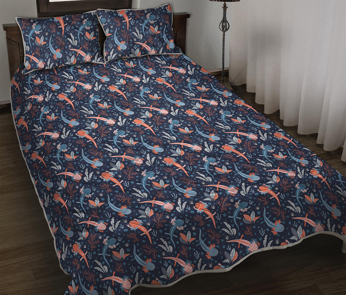 Blue Axolotl Pattern Print Quilt Bed Set