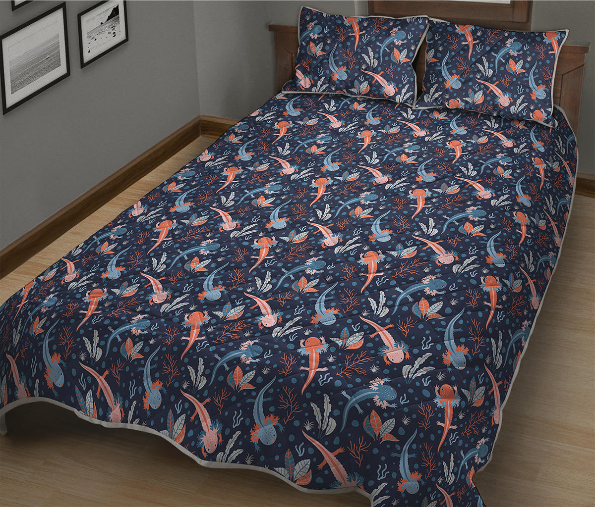 Blue Axolotl Pattern Print Quilt Bed Set