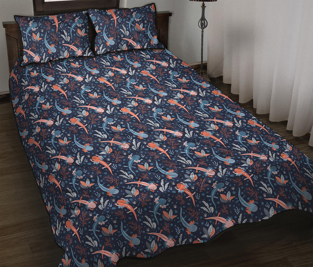 Blue Axolotl Pattern Print Quilt Bed Set