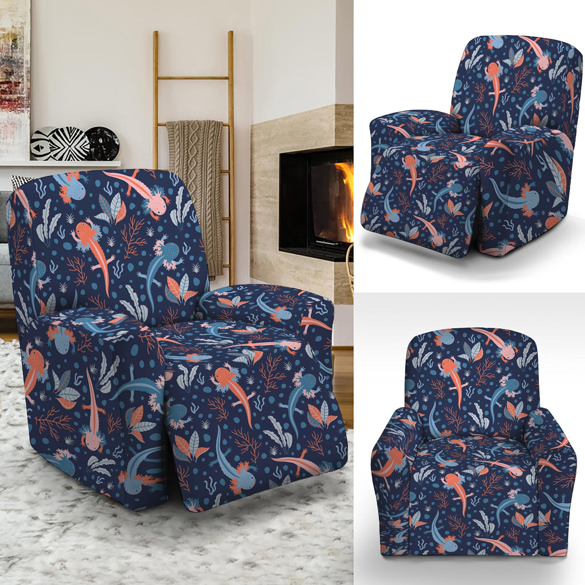 Blue Axolotl Pattern Print Recliner Slipcover