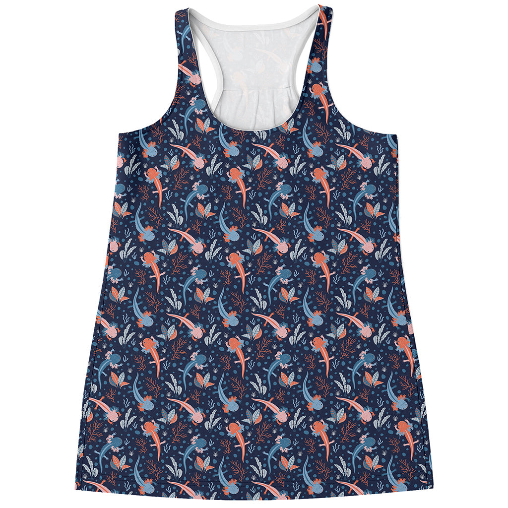 Blue Axolotl Pattern Print Women's Racerback Tank Top