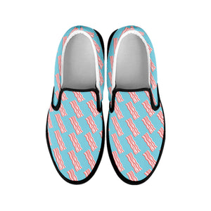 Blue Bacon Pattern Print Black Slip On Shoes