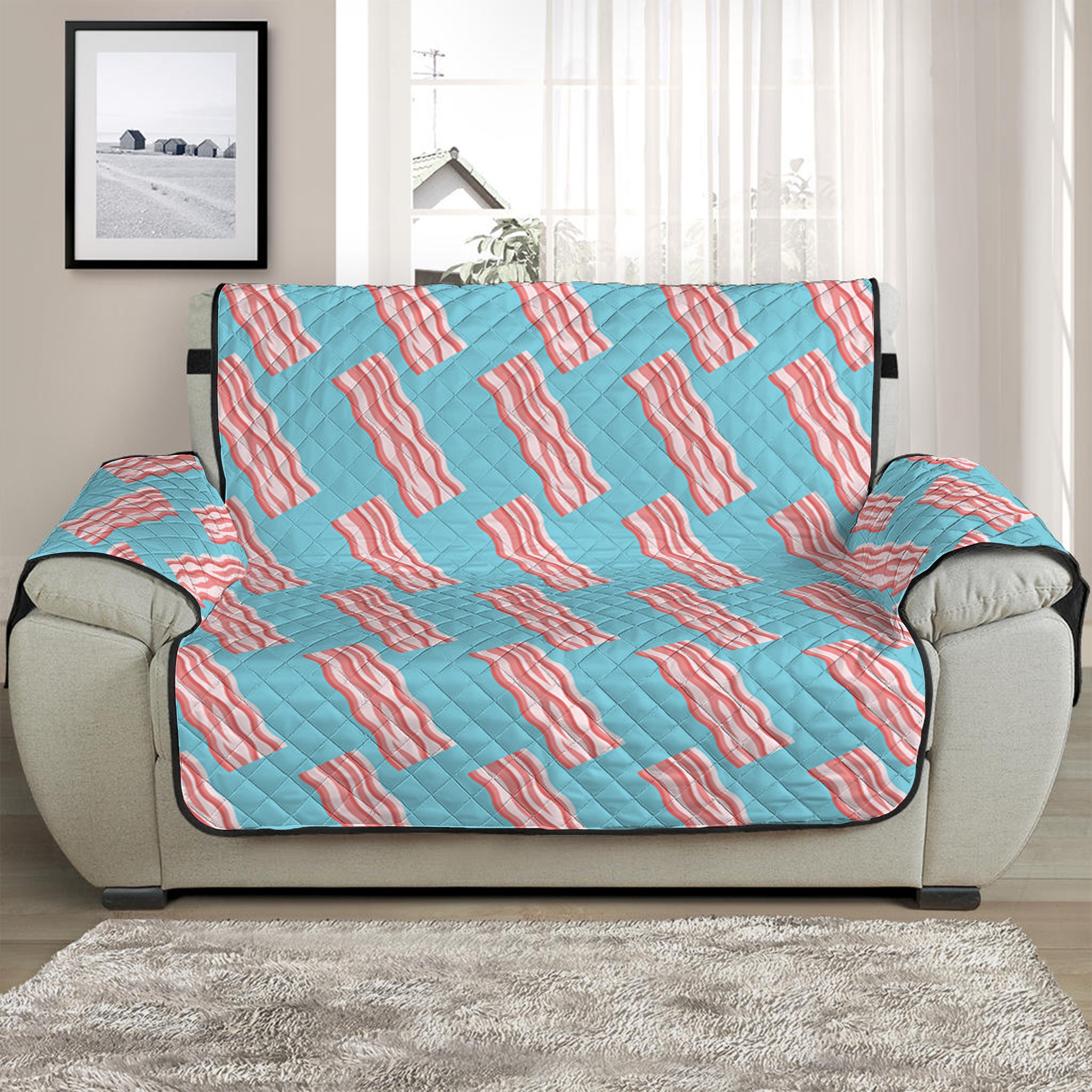 Blue Bacon Pattern Print Half Sofa Protector