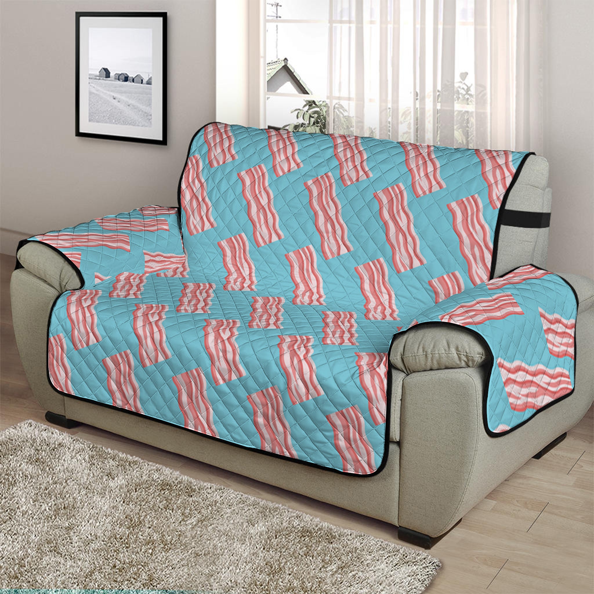 Blue Bacon Pattern Print Half Sofa Protector