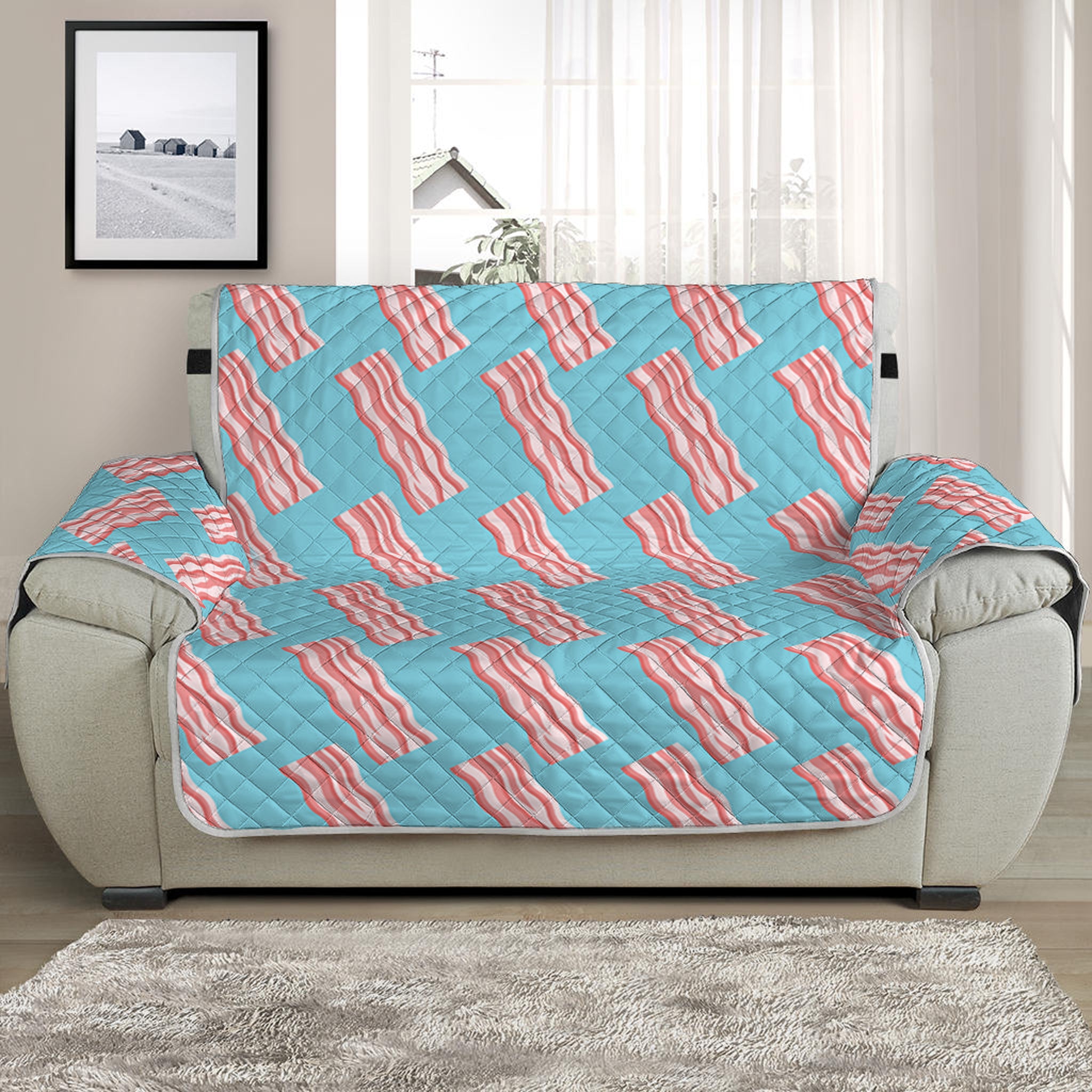 Blue Bacon Pattern Print Half Sofa Protector