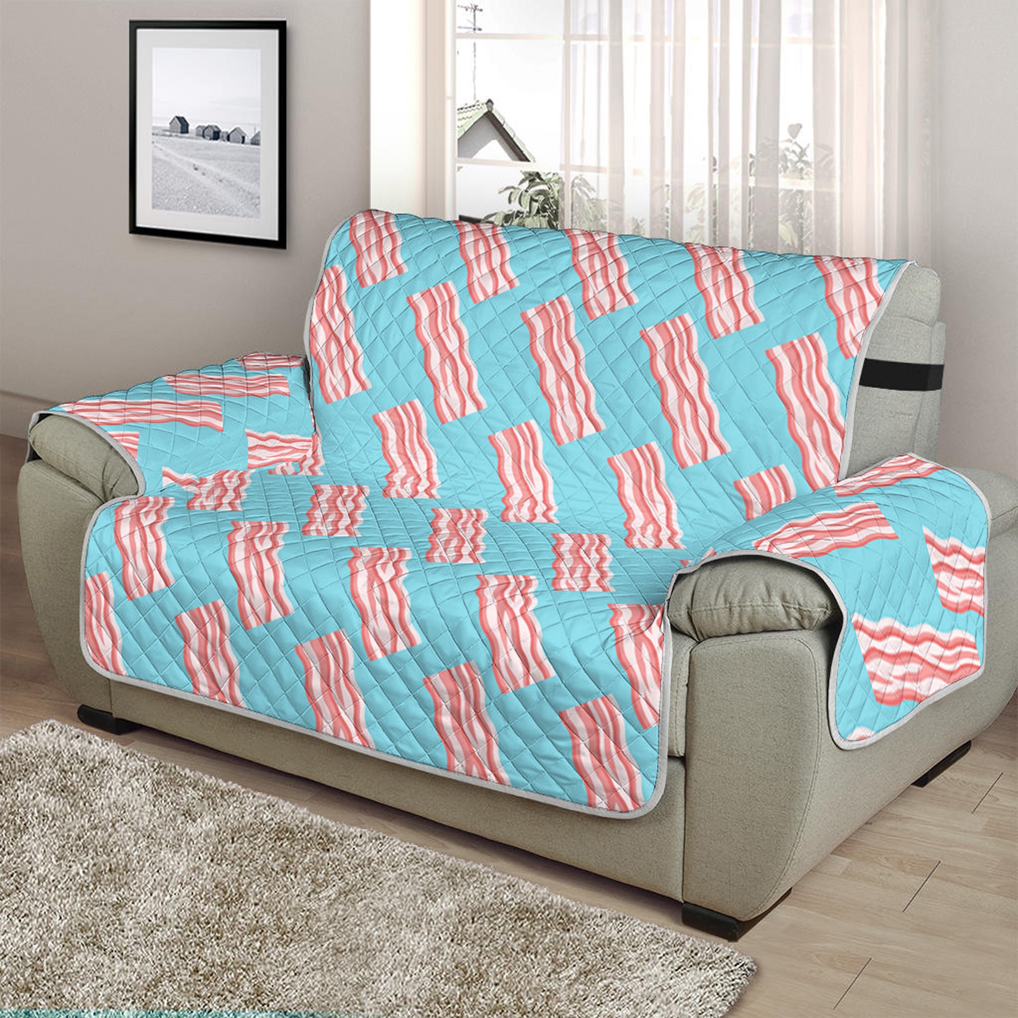 Blue Bacon Pattern Print Half Sofa Protector