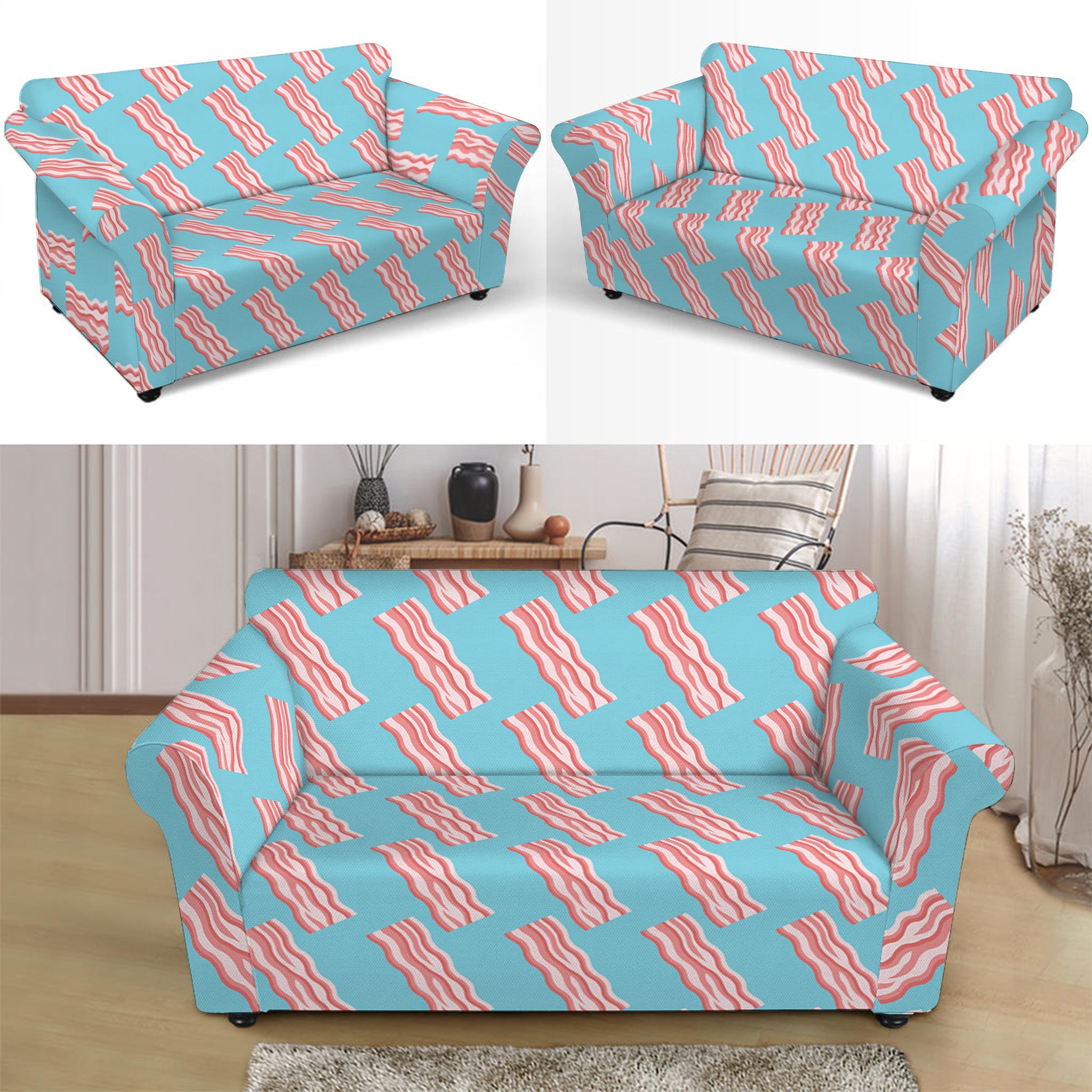 Blue Bacon Pattern Print Loveseat Slipcover