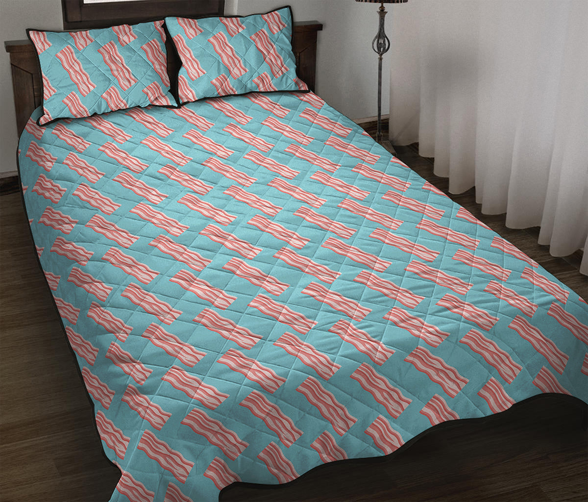 Blue Bacon Pattern Print Quilt Bed Set