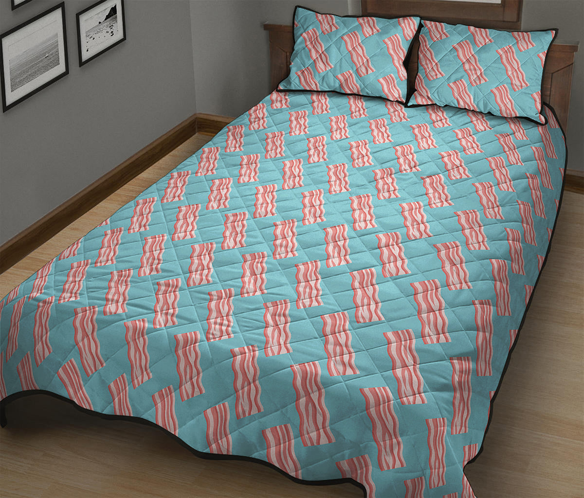 Blue Bacon Pattern Print Quilt Bed Set