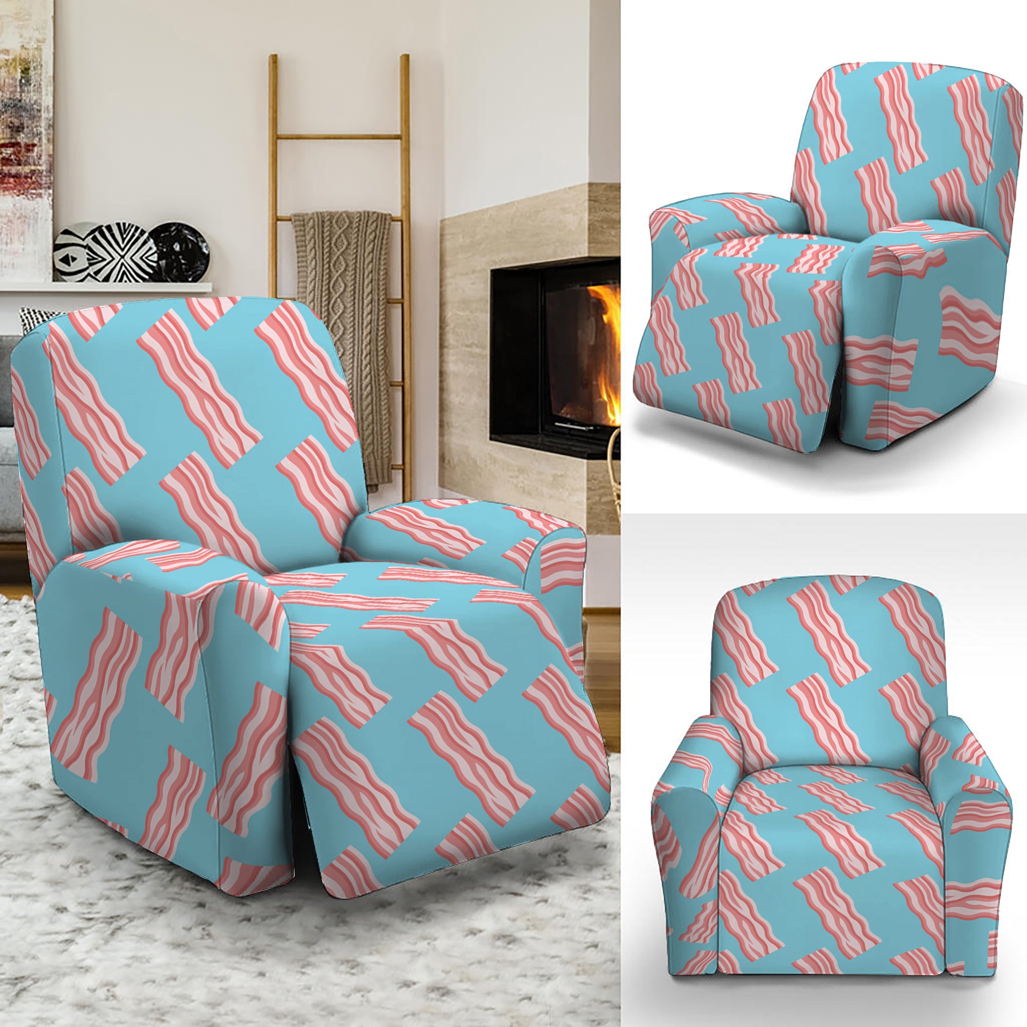 Blue Bacon Pattern Print Recliner Slipcover