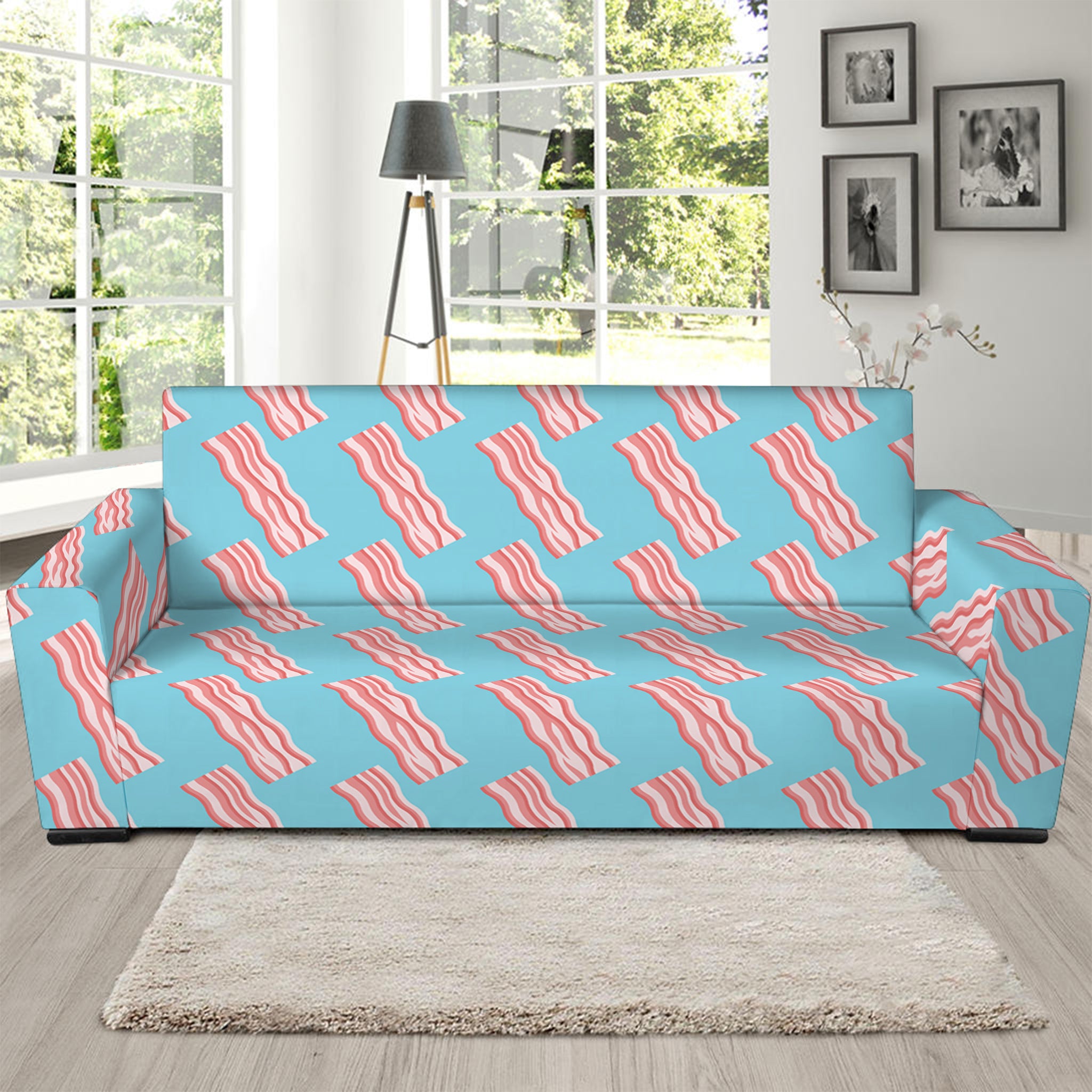 Blue Bacon Pattern Print Sofa Slipcover