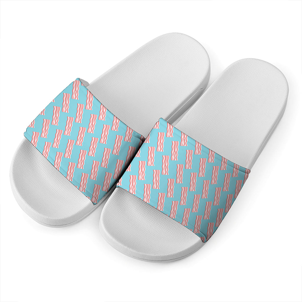 Blue Bacon Pattern Print White Slide Sandals