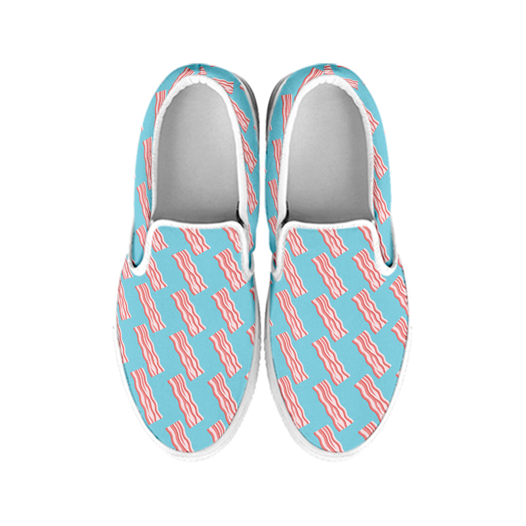 Blue Bacon Pattern Print White Slip On Shoes