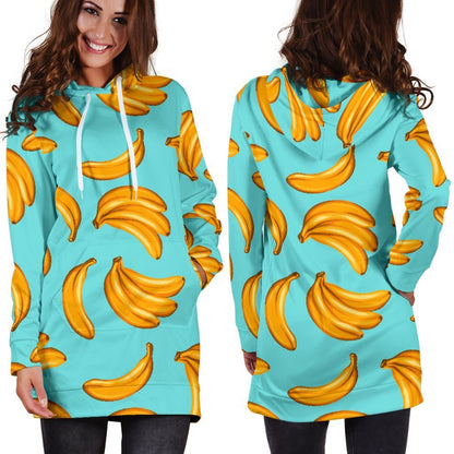 Blue Banana Pattern Print Hoodie Dress GearFrost