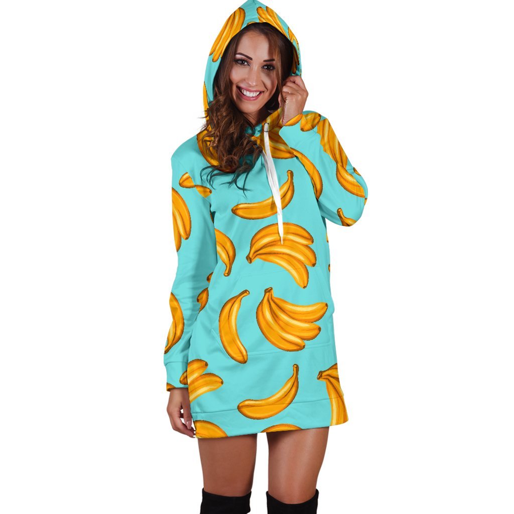 Blue Banana Pattern Print Hoodie Dress GearFrost