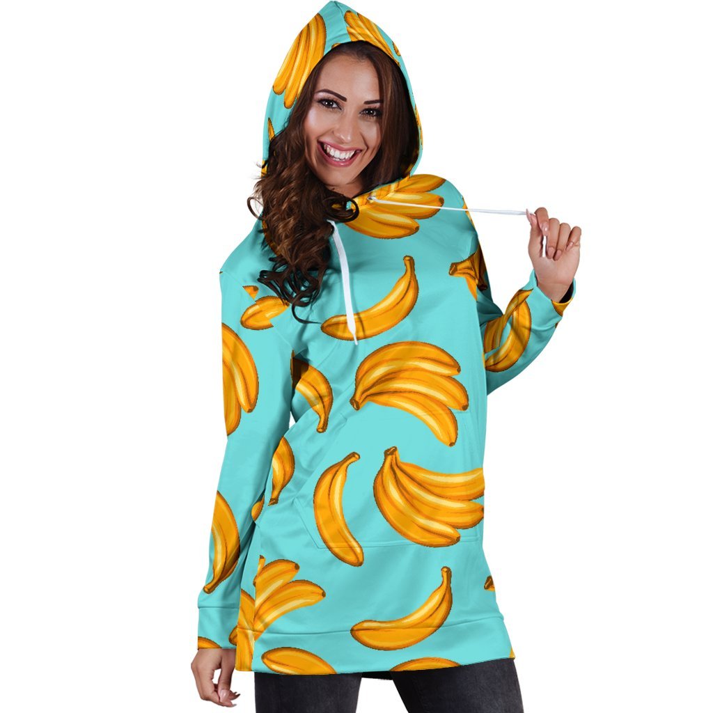 Blue Banana Pattern Print Hoodie Dress GearFrost