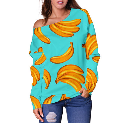 Blue Banana Pattern Print Off Shoulder Sweatshirt GearFrost