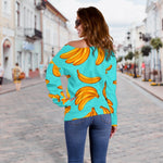 Blue Banana Pattern Print Off Shoulder Sweatshirt GearFrost