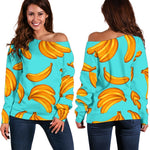 Blue Banana Pattern Print Off Shoulder Sweatshirt GearFrost