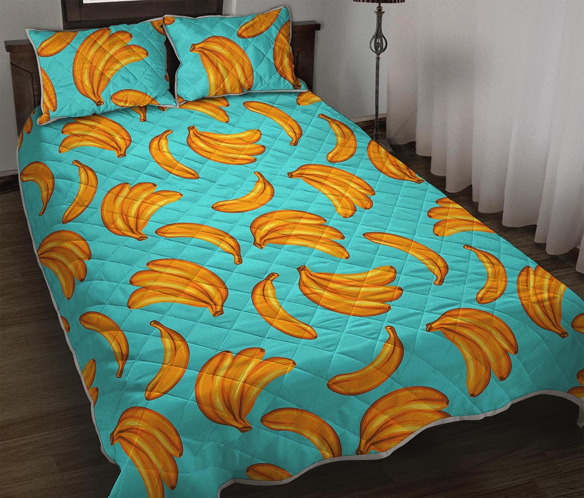 Blue Banana Pattern Print Quilt Bed Set