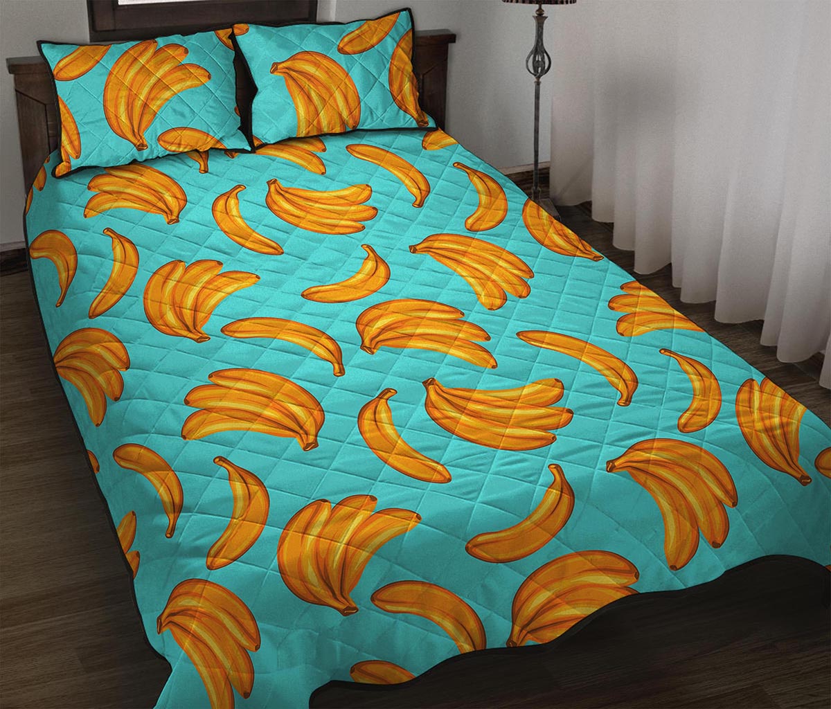 Blue Banana Pattern Print Quilt Bed Set