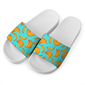 Blue Banana Pattern Print White Slide Sandals