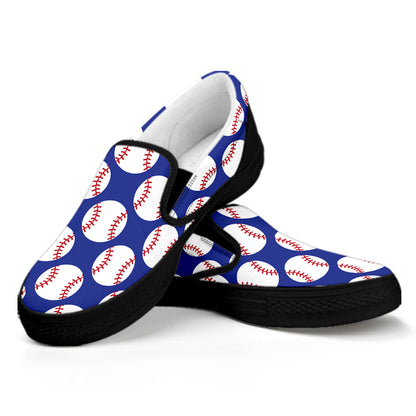 Blue Baseball Pattern Print Black Slip On Shoes