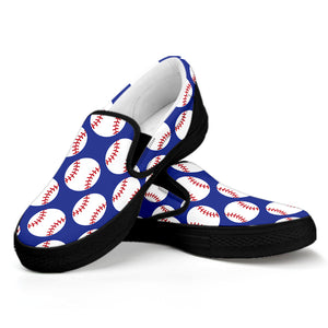 Blue Baseball Pattern Print Black Slip On Shoes