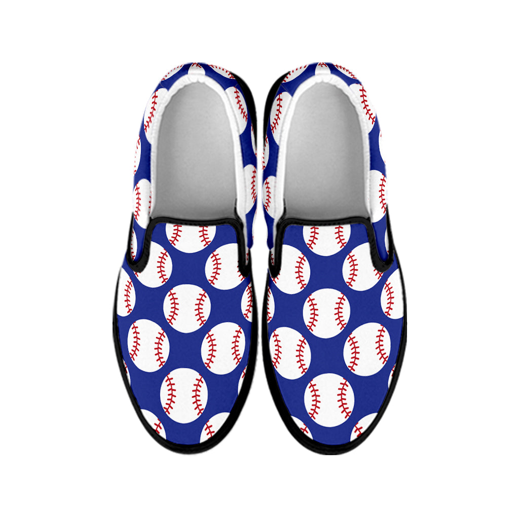 Blue Baseball Pattern Print Black Slip On Shoes