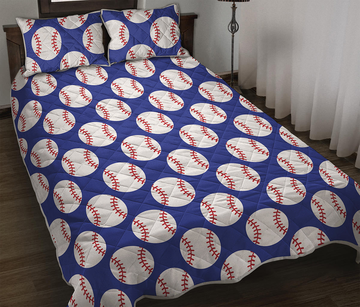 Blue Baseball Pattern Print Quilt Bed Set