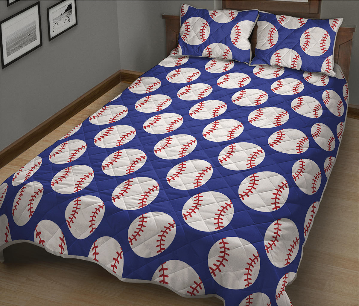 Blue Baseball Pattern Print Quilt Bed Set